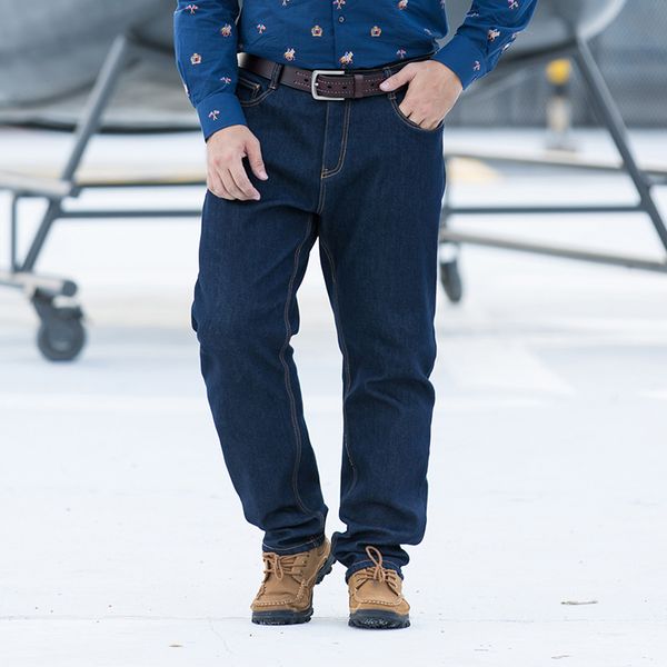 

2019 new winter fleece men jeans stretch jeans slim fit plus size to 40-46-48 big men retro nostalgia blue pants keep warm