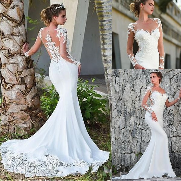 

2020 new sheer neck long sleeve lace mermaid wedding dresses long beach bridal gown edge lace piping vestido de novia arabic bc2548