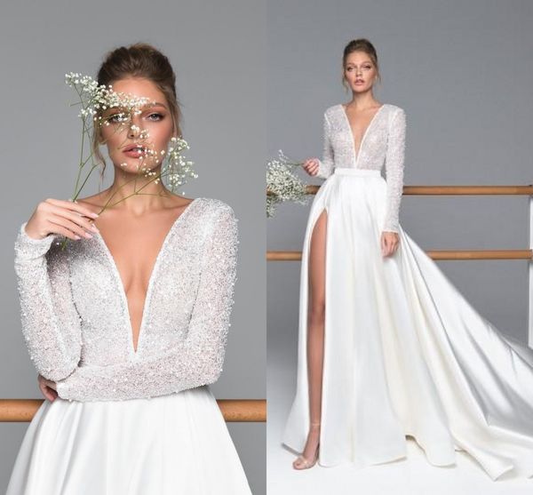 

Блестящие блестки Блестки Глубокий V-образным вырезом Свадебные платья с длинным