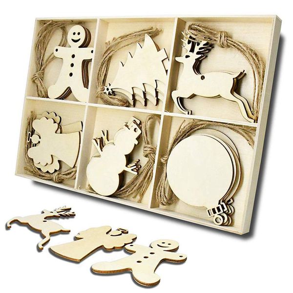 

wooden christmas tree and snowman shaped embellishments hanging ornaments decoration with natural twine (each of 5