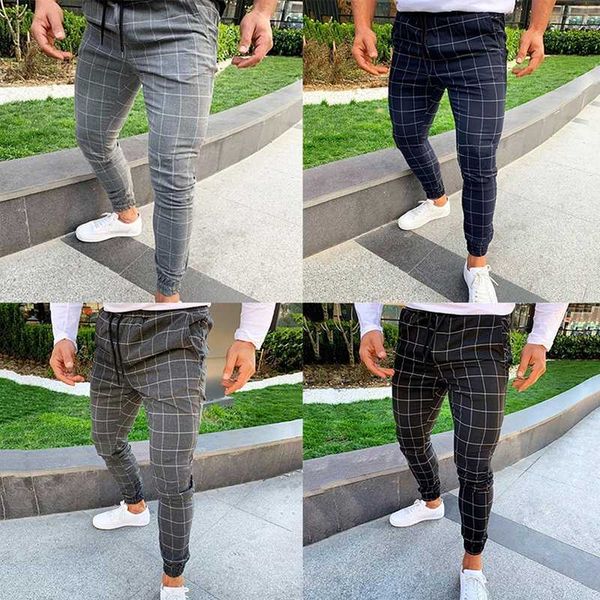 

men's pants 2021 high wasit spring summer fashion pocket slim fit plaid straight leg trousers casual pencil jogger, Black