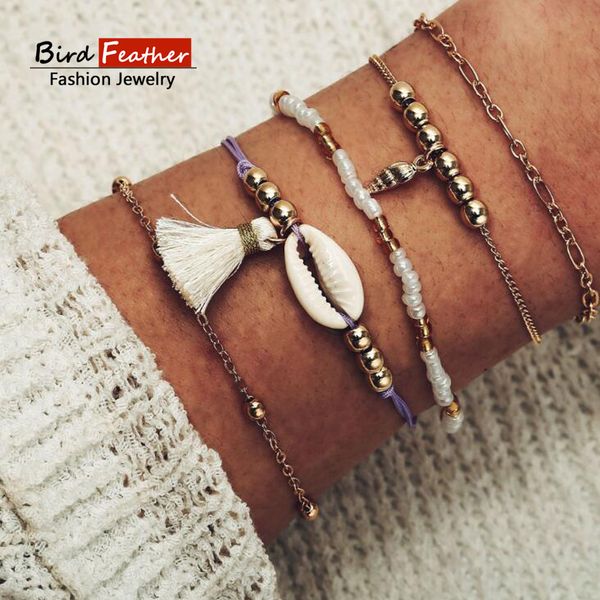 

gold color bohemian handmade weave tassel shell bracelet sets women 2019 new rope chain bracelets retro jewelry accessories, Black