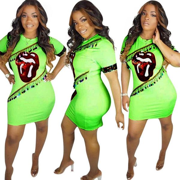 

summer beach club evening dress sheath wear women sequined green big tongue dress, Black;gray