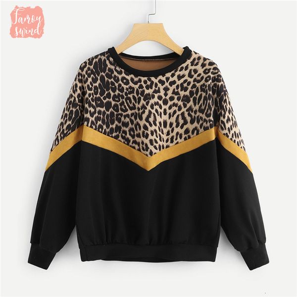 

группа leopard падения плеча толстовка с длинным рукавом o шеи топы мода осени женщин вскользь фуфайки перевозка груза падения, Black