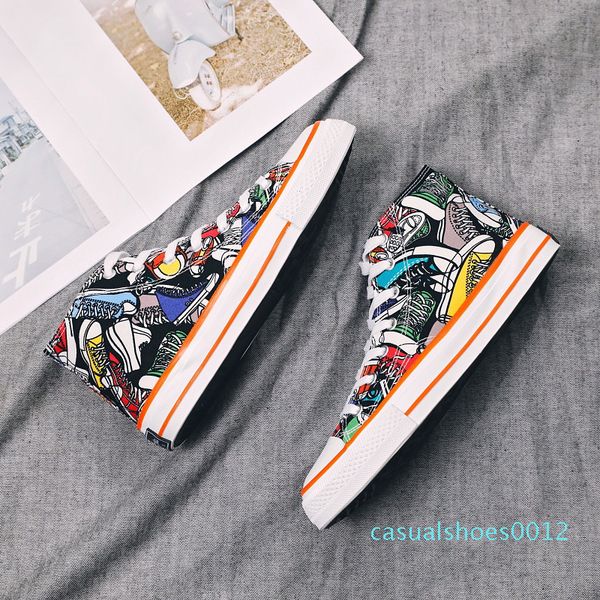 

graffiti skate sneakers men casual board shoes rugged canvas flats doodle skater shoes fashion back to school teens hip pop plimsolls c12, Black