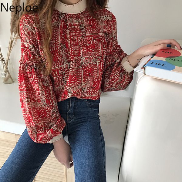 

neploe 2019 summer lantern sleeved chiffon women blouse and shirts vintage stand neck elegant lady shirt loose korean blusas, White