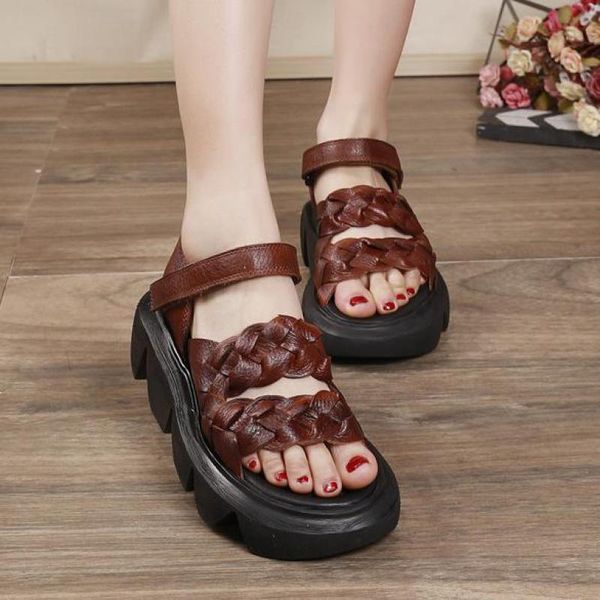 

johnature platform sandals spring summer new 2020 genuine leather women shoes retro hook & loop casual concise ladies sandals, Black