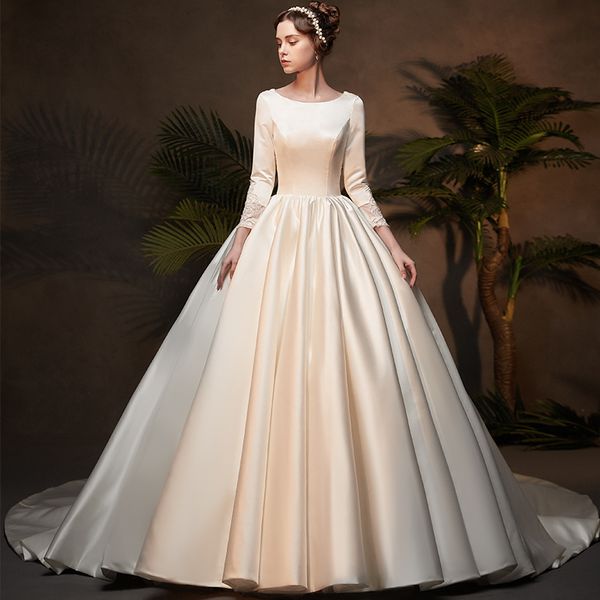 2019 novo vestido de bola cetim vestidos de casamento modestos com 3/4 mangas vintage princesa frança cetim simples vestido nupcial