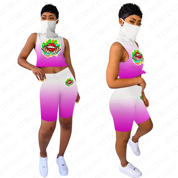 

women summer tracksuits 2 two piece outfits sleeveless vest with face mask gradient lips print biker casual sports suits set d52801, White