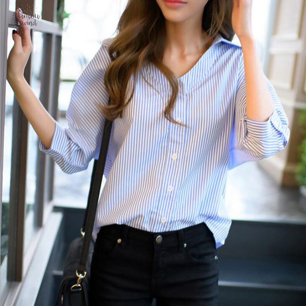 

women fashion blouse striped summer casual blue v neck seven sleeve buttons blouse 2019 new women loose blusas vestidos, White