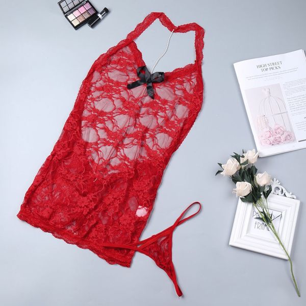 

lace lingerie clubwear with thong backless halter nightdress women summer v-neck hollow out ladies sleepwear home wear, Black;red