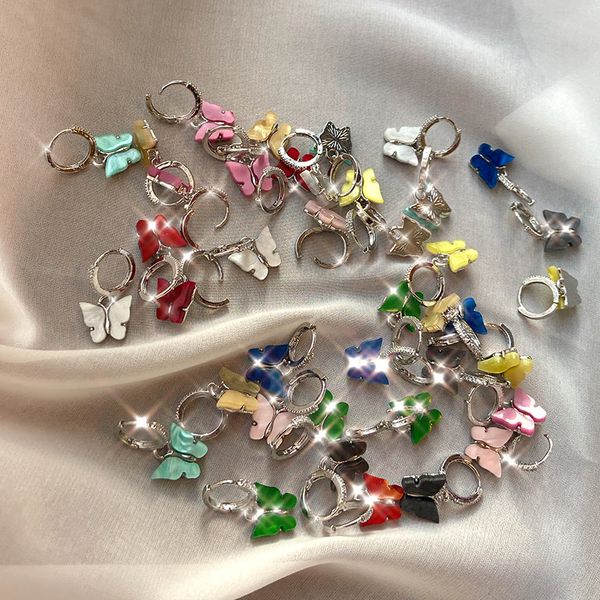 

flatfoosie shiny cz butterfly hoop earrings for women silver color resin cute animals earrings women fashion statement jewelry, Golden;silver