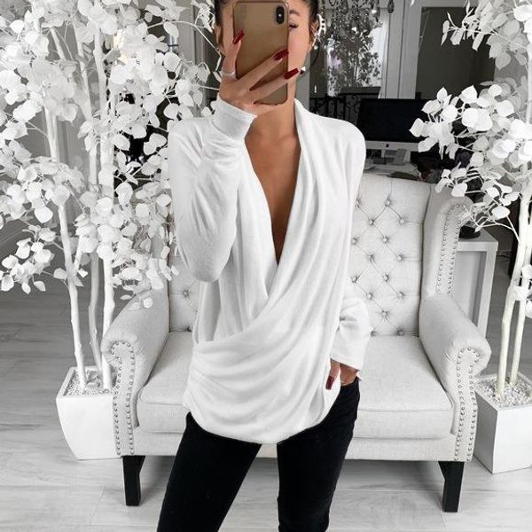 

women white low-cut fashion wild shirt black slim soft solid long sleeve blouse