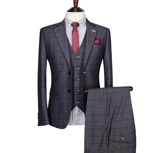 

мужчины костюм однобортный тонкий летний свадебное платье 2020 жениха пиджак жилет брючный 3шт набор глубокий серый плед бизнес-джентльмен, White;black