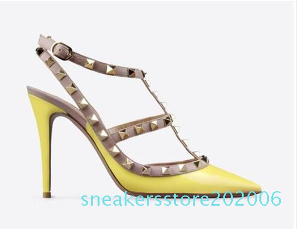 

designer pointed toe 2-strap with studs high heels patent leather rivets sandals women shoes valentine high heel shoes s06, Black