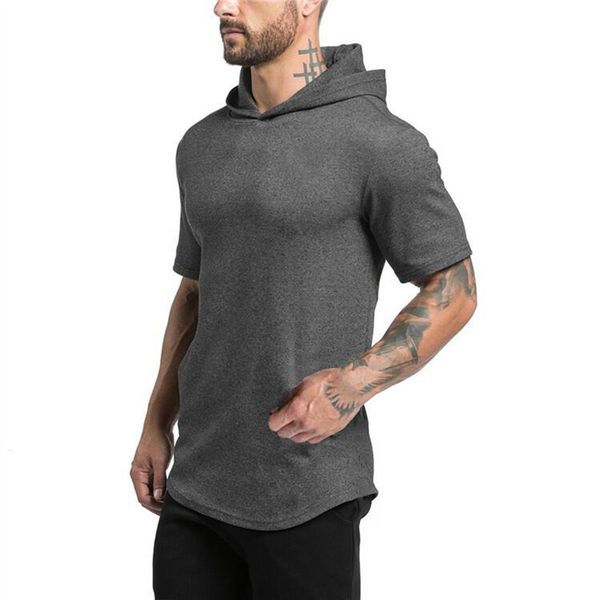 

mens bodybuilding hoodies men gyms hooded short sleeve t shirt fitness clothing muscle slim solid cotton pullover sweatshirt, Black;blue
