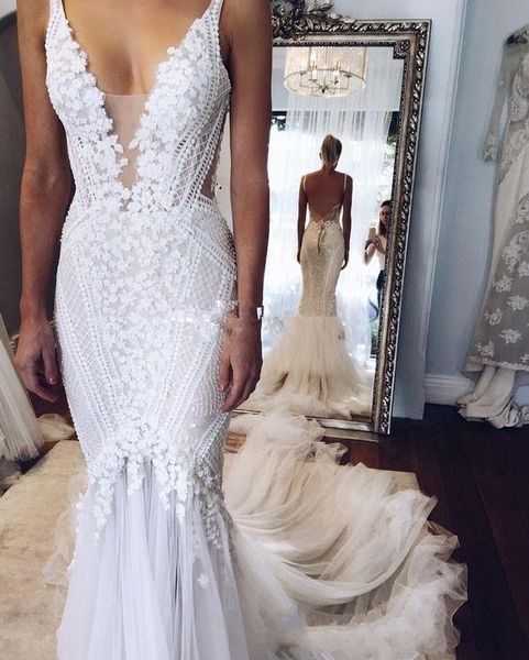 

2020 Berta pallas couture Mermaid Wedding Dresses Deep V Neck Sexy Back Unique Lace Sweep Train Summer Spring Bridal Gowns Custom Made