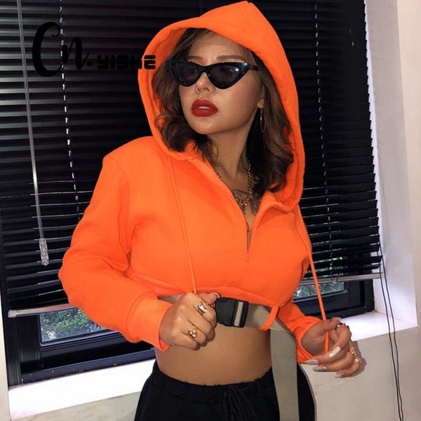 

cnyishe 2020 autumn streetwear long sleeve hooded hoodies women fashion buckle cropped pullovers neon orange basic hoodies, Black