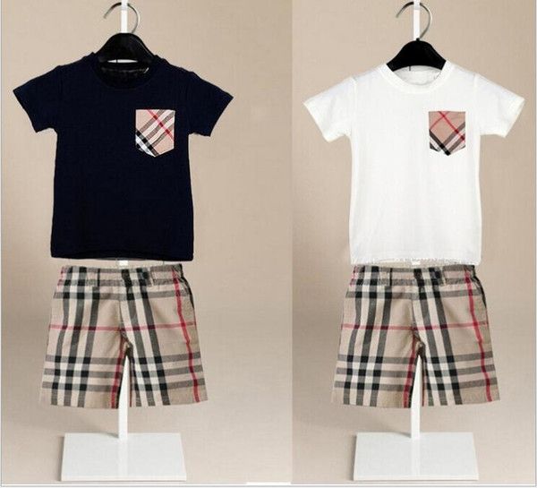 

De igner boy et 2018 baby kid 2 piece et plaid pocket hort leeved hirt plaid hort kid clothing et 2 color
