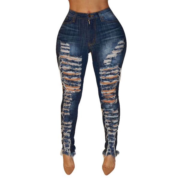 

women jeans high waisted office lady hole skinny denim jeans stretch slim pants calf length mujer cintura alta #t, Blue