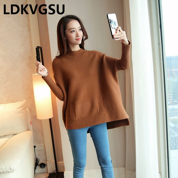 

2018 autumn winter new women half high collar pullover knit sweater loose large size bat shirt pocket sweater female coat is786, Black