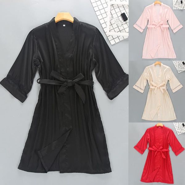 

silk lace sleepwear robe 2020 new lingerie summer women's kimono robe satin silk lace night wear gown sleepwear#0227g30, Black;red