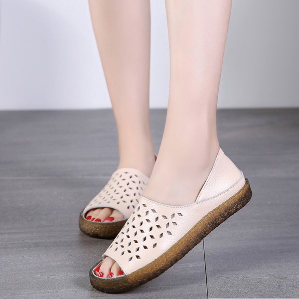 

woman peep toe sandals women hollow out flats women's slip on sewing female casual solid ladies fashion footwear plus size 44, Black