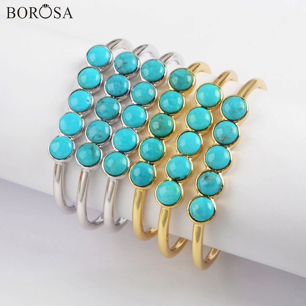 

borosa 5pcs new five round silver plating bezel natural turquoises bangle gems stone gild women bangles gift zg0427, Black