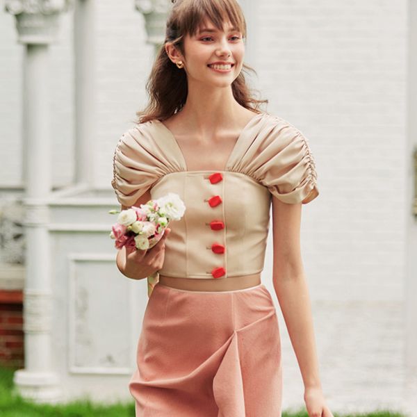 

deat 2020 summer autumn short puff sleeve v neck button beige dew navel blouse women shirt mg355, White