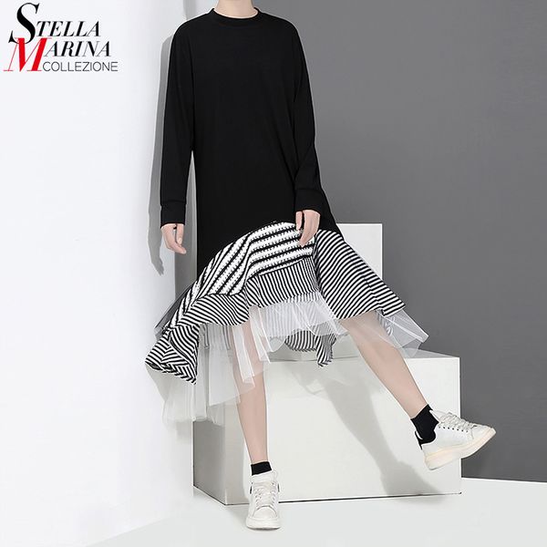 

new 2019 women autumn black trumpet dress patchwork ruffle striped hem long sleeve stylish lady cute midi casual dress robe 2048, Black;gray