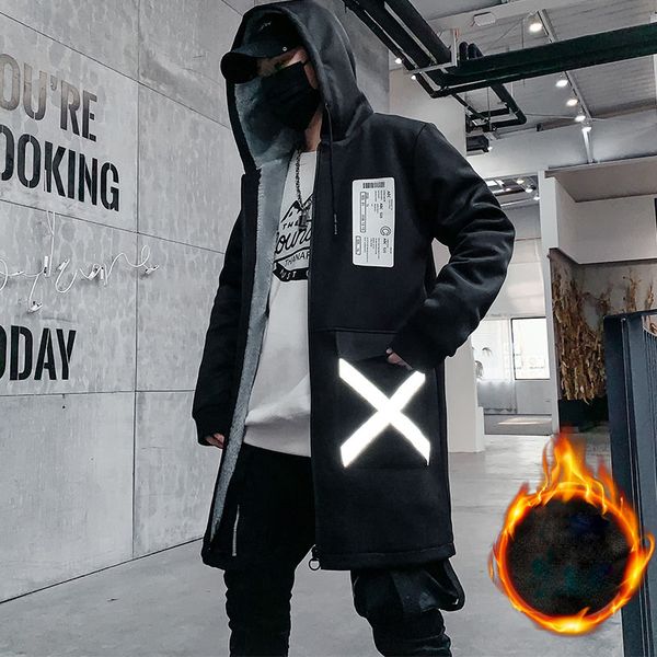 

2019 winter long fleece jacket men fashion harajuku thick windbreaker overcoat male outwear hip hop streetwear coats, Tan;black