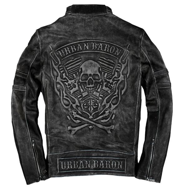 

2019 genuine cowhide slim fit motorcyclist jacket vintage black men's skull biker leather jacket plus size xxxl