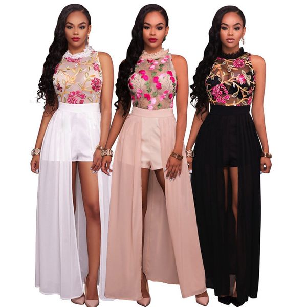 

women elelong jumpsuit overalls 2020 new fashion sheer mesh embroidery summer jumpsuit chiffon club party women romper, Black;white