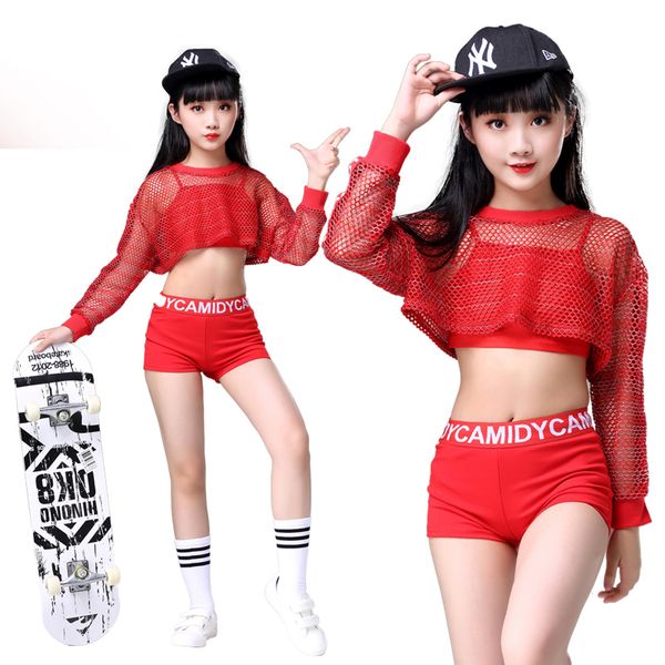 

3pcs girls red cool ballroom jazz hip hop dance competition costume tank shorts net blouse for kid dancing clothing outfits, Black;red