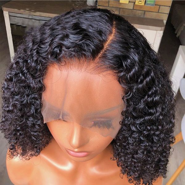 

13x6 deep part short kinky cury bob lace front wigs human hair with baby hair pre-plucked brazilian virgin hair wig for black women, Black;brown