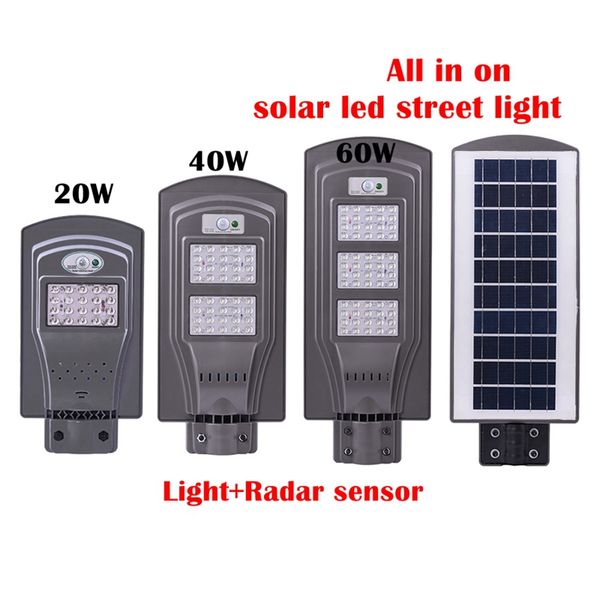 20W 40W 60W All in One LED Solar Street Lights iluminação exterior Motion Sensor Luz impermeável para parede Caminho Inteligente Solar Lamp LED
