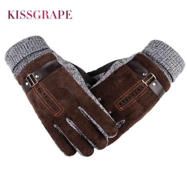 

2019 winter men' warm gloves genuine suede pig leather gloves mittens male thick bike motorcycle gloves men knitted guantes y200110, Blue;gray