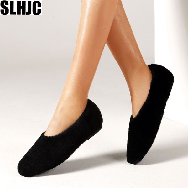 

slhjc women fur flats plus size fashion square toe slip on autumn winter warm cozy loafers female solid ballet home shoes, Black