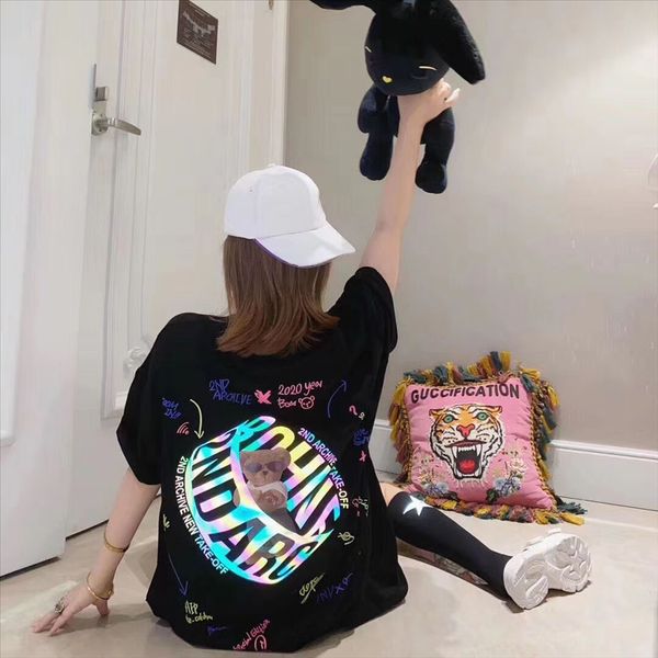 

2020 отражательной прохладный медведь носить хлопок светящиеся футболки светящиеся вспышки шапка из чистого хлопка с коротким рукавом футбол, White