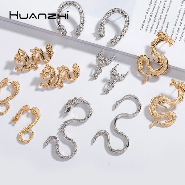 

huanzhi 2020 new vintage gold sliver snake shapes dragon metal stud earrings personality for women girls party travel jewelry, Golden;silver