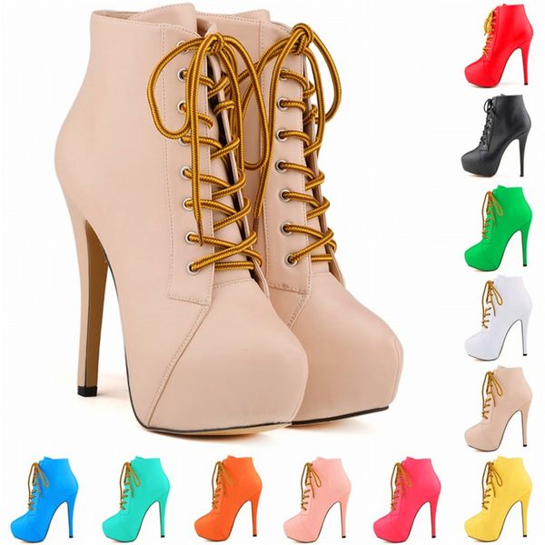 

2019 new autumn women's ankle boots high heels platform lace up shoes women leather short booties fashion party boots round toe, Black