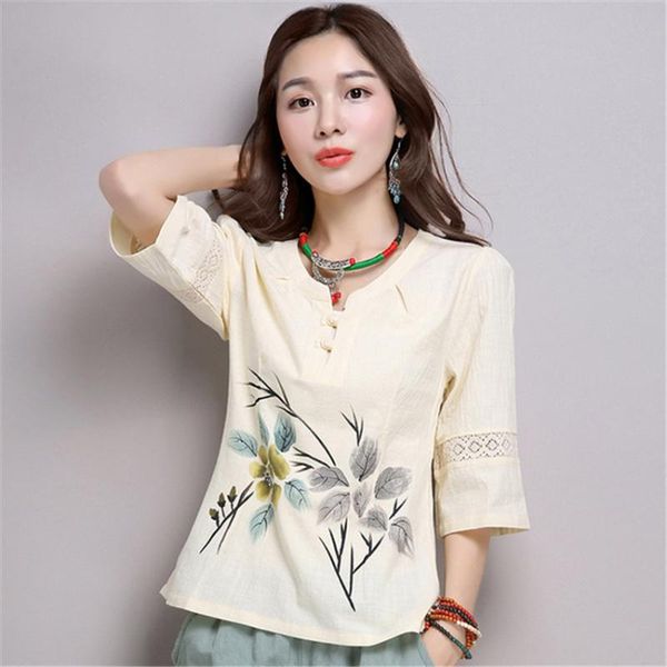 

2019 latest woman floral printed chinese summer casual half sleeve split blouse national chinese style tang suit for women, Red