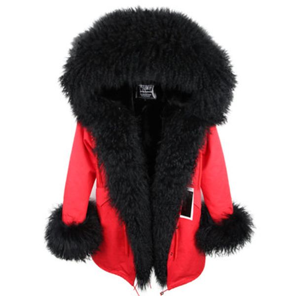 

black mongolia sheep fur trim winter furs parkas black rabbit furs lining red long jackets with sleeve cuff fur