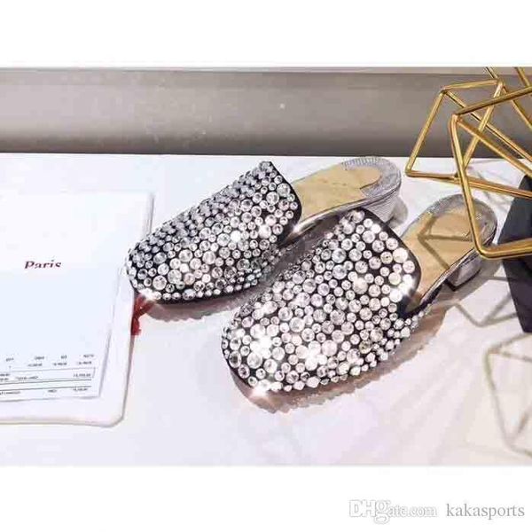 

2018 sandals women 18ss square heels low heels shiny rhinstone strass summer autumn women half slippers 4.5cm, Black
