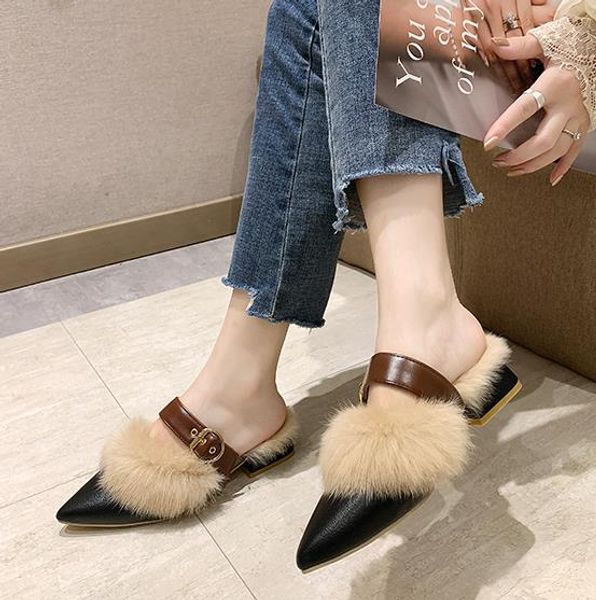 

slippers ins tide net red fashion autumn and winter indoor temperament half dragging pointed shoes 2019 autumn women's shoes, Black