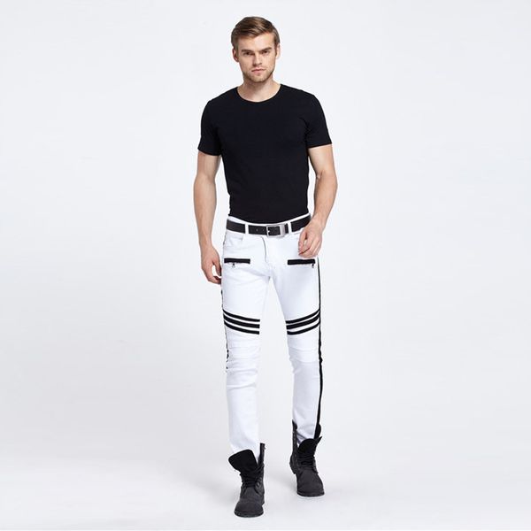 

men's jeans fashion mens straight slim fit biker pants skinny denim washed hiphop trousers white asian size, Blue