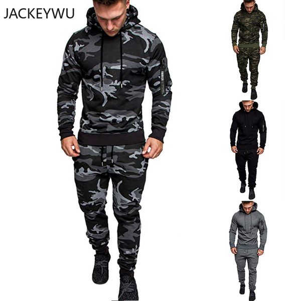 

марка joggers наборы мужчины 2019 осенняя мода 2 шт камуфляж отпечатано с длинным рукавом толстовка sweatpants брюки hip hop спортивная одеж, Gray