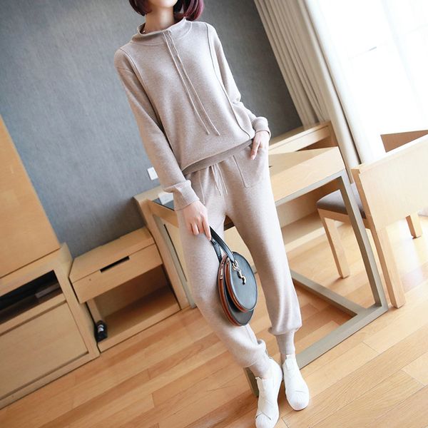 

plus size casual fall two piece set for women 3xl solid knitted hooded and slim pants ladies soft brief sport autumn 2 piece set, White
