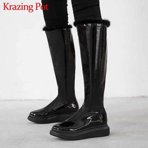 

krazing pot simple style basic solid long boots round toe med heels back zip winter keep warm women fashion thigh high boots l52, Black