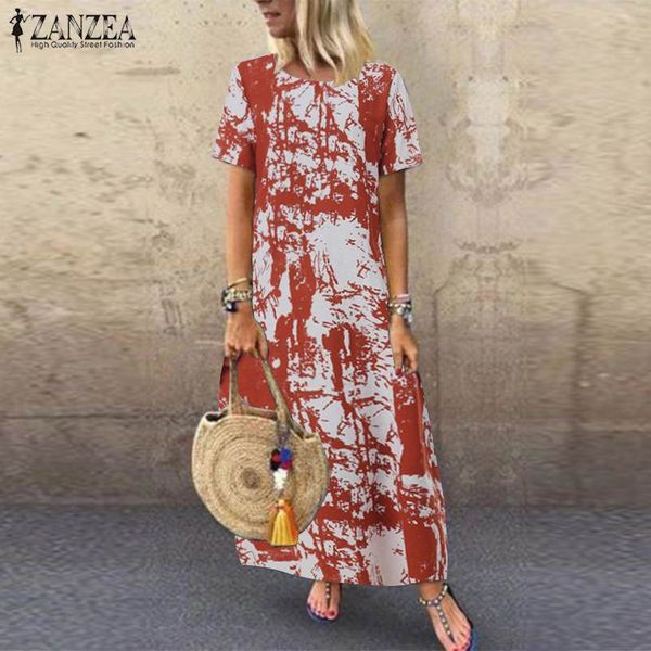 

summer printed maxi dress women's sundress zanzea 2019 casual short sleeve vestidos kaftan female graffiti party robe plus size, Black;gray